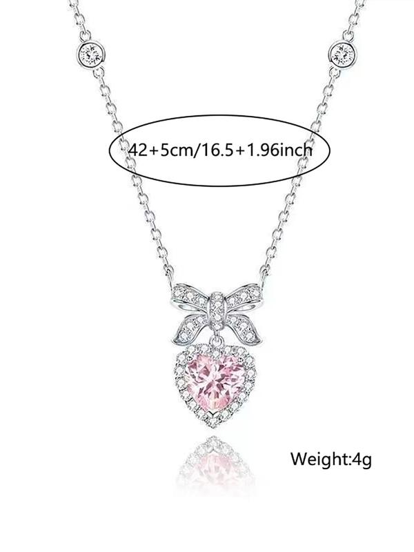 Fashion Elegant Rhinestone Decorated Heart Shape Pendant Necklace, Heart Shape Alloy Necklace with Bowknot   Wing Design, Fashion Accessories for Women & Girls for Back To School