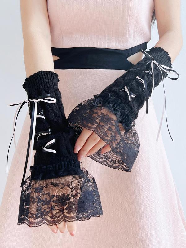 Cute Bow Decor Contrast Lace Sheer Gloves (1 Pair), Fashionable Y2k Lolita Style Knitted Gloves for Women & Girls, Elegant All-match Fashion Accessories for Daily Wear