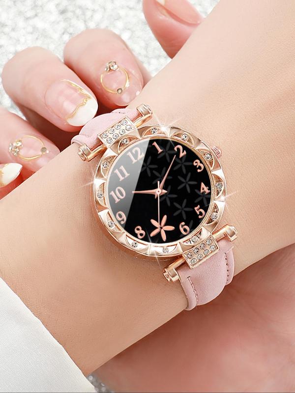 Women's Elegant Fashion Rhinestone Decorated Round Dial Quartz Watch, with Flower Design Bracelet Set, without Box, Exquisite Watch Set for Women & Girls