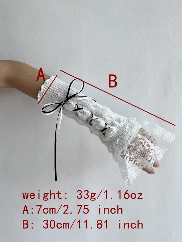 Cute Bow Decor Contrast Lace Sheer Gloves (1 Pair), Fashionable Y2k Lolita Style Knitted Gloves for Women & Girls, Elegant All-match Fashion Accessories for Daily Wear