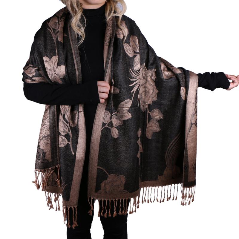 Women Soft Silky Reversible Floral Rose Pashmina Shawl Wrap Scarf w Fringes