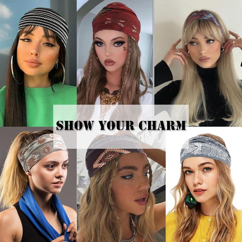 Boho Headbands for Women Vintage Elastic Fabric Printed Hair Bands Workout