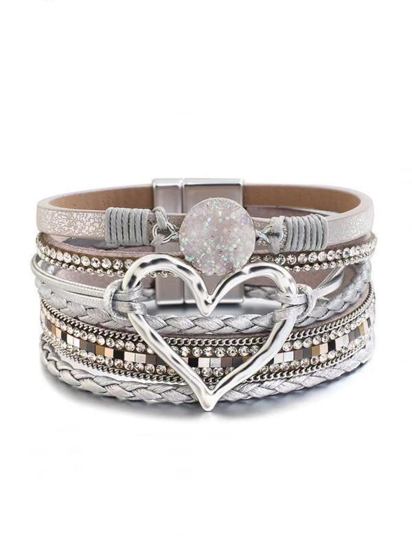 Boho Style Heart Design Multi-layer Pu Leather Braided Bracelet, Elegant Fashion Accessories for Women & Girls, Trendy All-match & Exquisite Jewelry for Birthday Gift