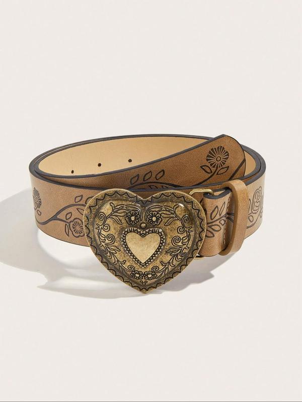 Women's Vintage Heart Decor PU Buckle Belt, Fashion Belt for Party, Daily Clothing Decor, Trendy All-match & Exquisite Belt for Birthday Gift