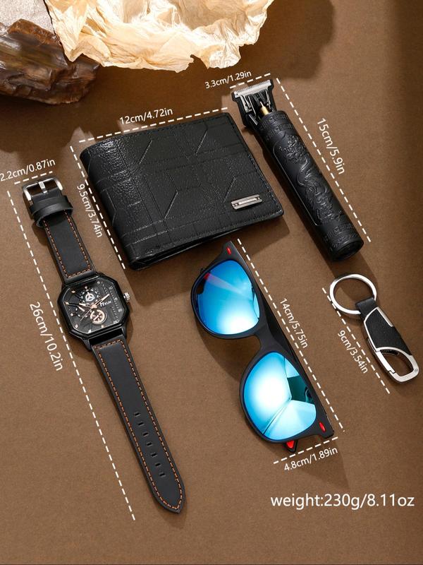 Men's Classic Business Quartz Watch & Accessories Set, 5 Counts set Casual Wristwatch & Full Rim Sunglasses & Bifold Wallet & Keychain & Hair Trimmer for Gift with Box