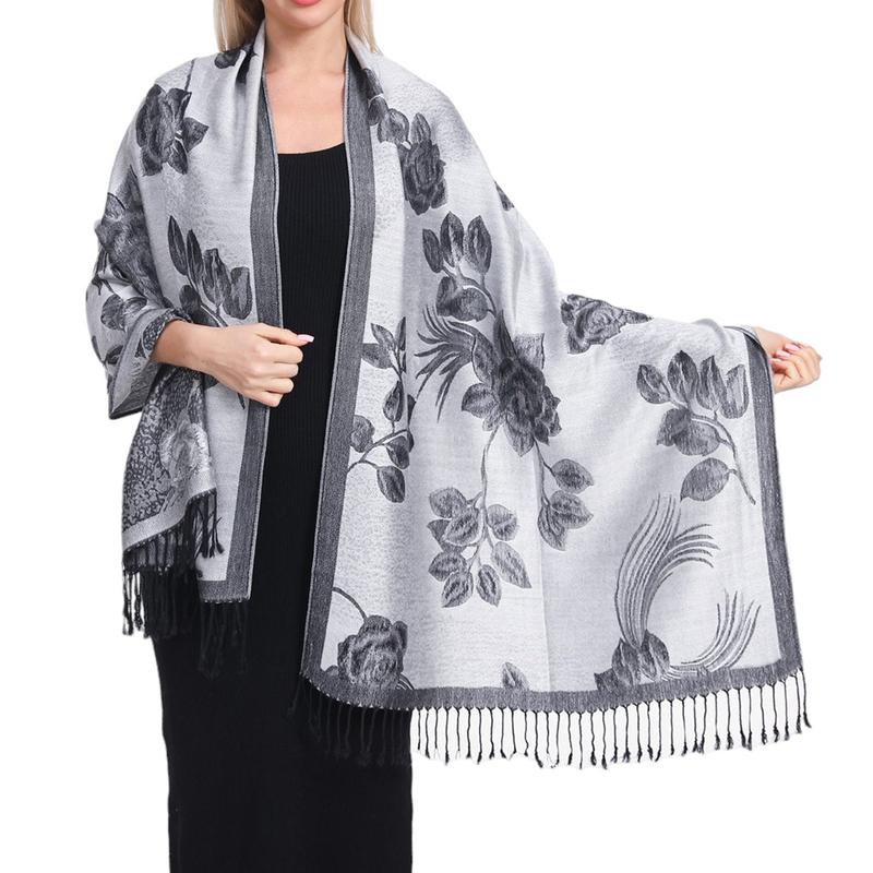 Women Soft Silky Reversible Floral Rose Pashmina Shawl Wrap Scarf w Fringes