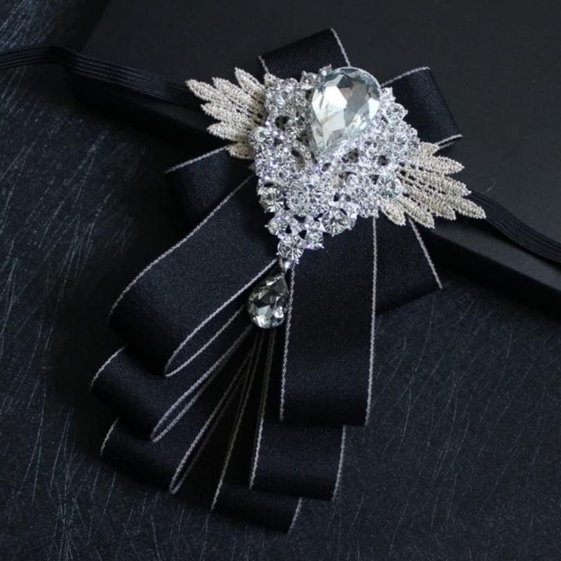 Bow Ties for Men Self Tie Jabot Collar Brooch Pins Fashion PreTied Neck Tie Bow Tie Rhinestone Brooch for Groom