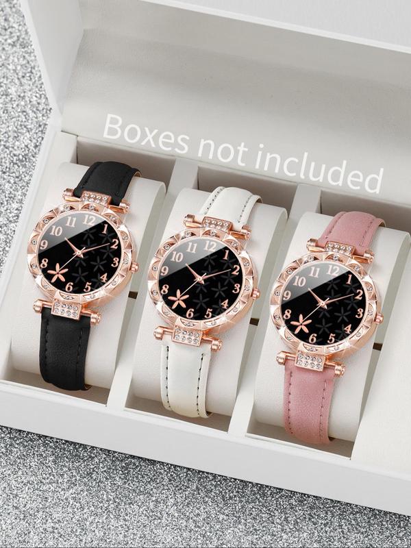 Women's Elegant Fashion Rhinestone Decorated Round Dial Quartz Watch, with Flower Design Bracelet Set, without Box, Exquisite Watch Set for Women & Girls