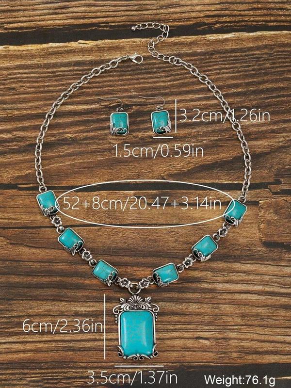 Boho Style Turquoise Texture Decorated Jewelry Set, Vintage Necklace and Dangle Earrings, Fashion Accessories for Women & Girls