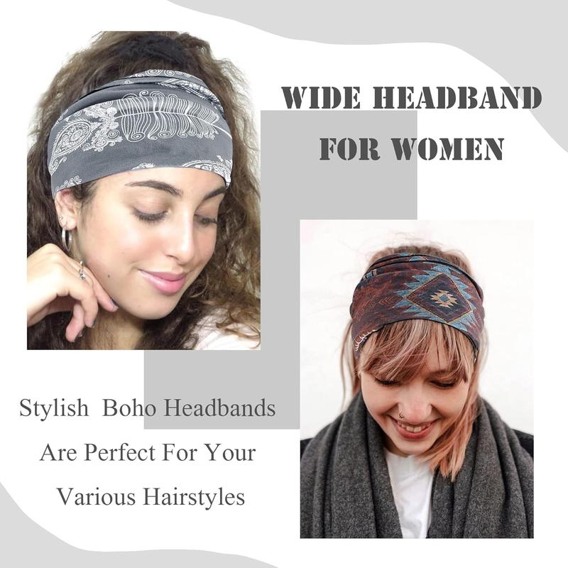 Boho Headbands for Women Vintage Elastic Fabric Printed Hair Bands Workout Wide Knot Sweatbands Soft Cotton Headwraps Yoga Running Hair Accessories for Women Girls 4 count