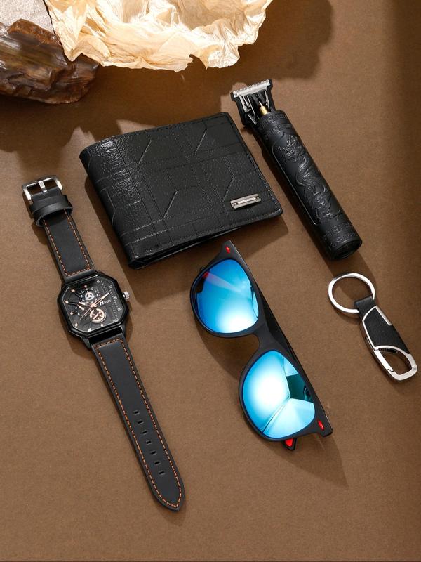 Men's Classic Business Quartz Watch & Accessories Set, 5 Counts set Casual Wristwatch & Full Rim Sunglasses & Bifold Wallet & Keychain & Hair Trimmer for Gift with Box