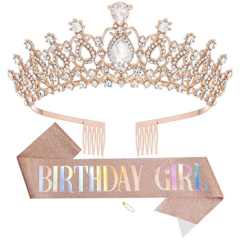 Birthday Tiara and Crown with Sash for Women, Hair Accessories for Wedding Party Costume (B - Rose Gold)