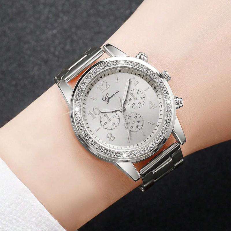 Women's Steel Strap Fashion Watch Set with Rhinestone Inlaid Three-Eye Chronograph Quartz Watch Dial (2pcs Set) - Perfect Gift for Students Returning to School