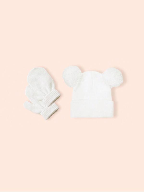 Cute Bear Ear Design Beanie Hat &  Mittens Gloves  Set, Solid Color Double Pom-pom Knitted Hat, Warm & Breathable Acrylic Beanie Hats for Autumn winter Daily Wear