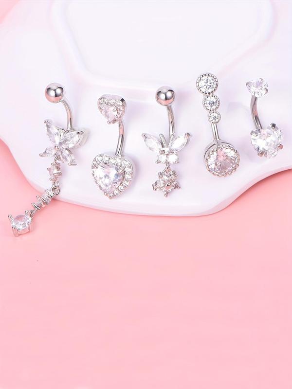 Women's Elegant Rhinestone Decorated Heart & Butterfly Design Navel Ring (5pcs set), Fashion Jewelry for Party, Daily Clothing Decor, Trendy All-match & Exquisite Jewelry for Birthday Gift