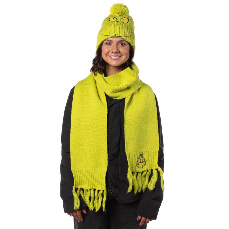 Dr. Seuss The Grinch Embroidered Design Adult Knit Scarf and Pom Cuffed Beanie Set