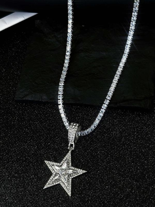 Rhinestone Star Design Pendant Necklace, Street Trendy Rotatable Necklace for Men & Women, Fashion Jewelry for Party, Daily Clothing Decor, Trendy All-match Jewelry for Gift