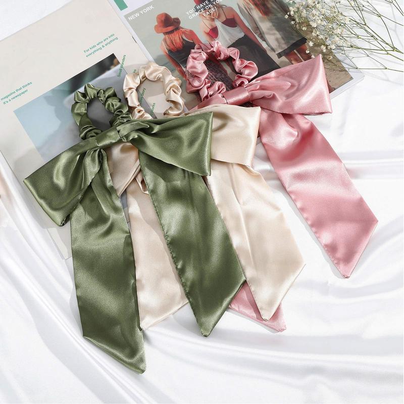 3-Piece Suit Satin Silk Like Hair Bow Scrunchies Solid Bow Hair Ties Scrunchy Bowknot Ponytail Holder for Women or Girls