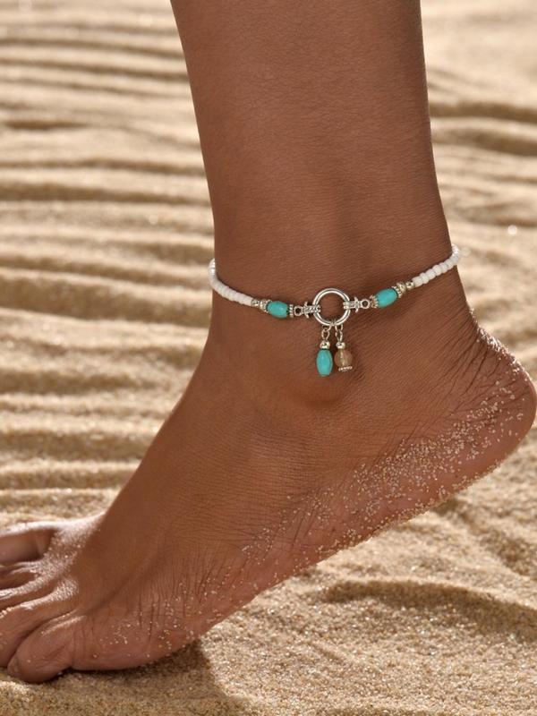 Boho Style Turquoise Decor Beaded Anklet, Fashionable Foot Jewelry for Women & Girls, Fashion Accessories for Beach Party Vacation