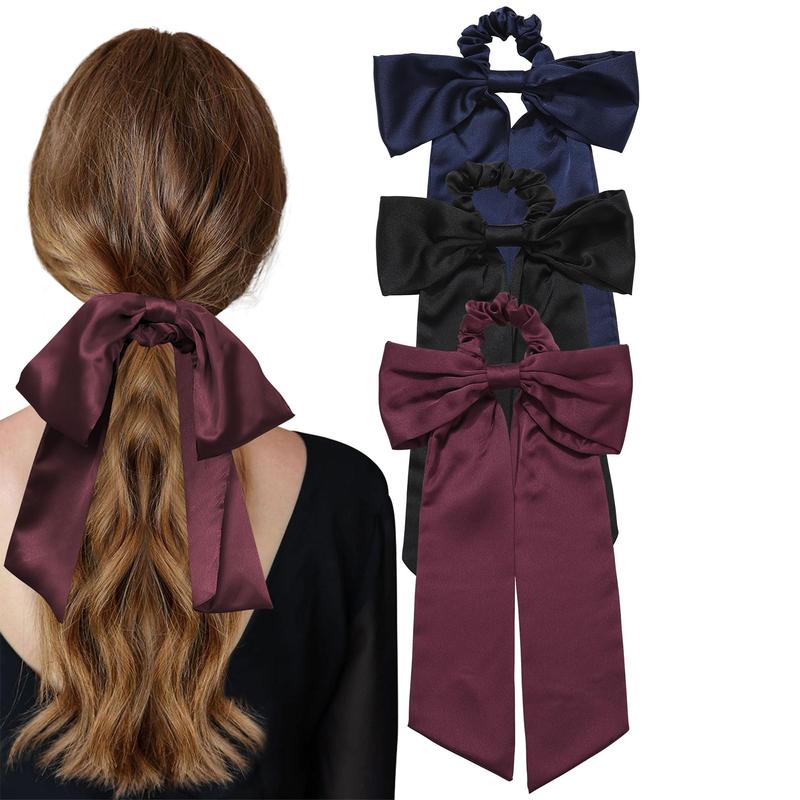 3-Piece Suit Satin Silk Like Hair Bow Scrunchies Solid Bow Hair Ties Scrunchy Bowknot Ponytail Holder for Women or Girls