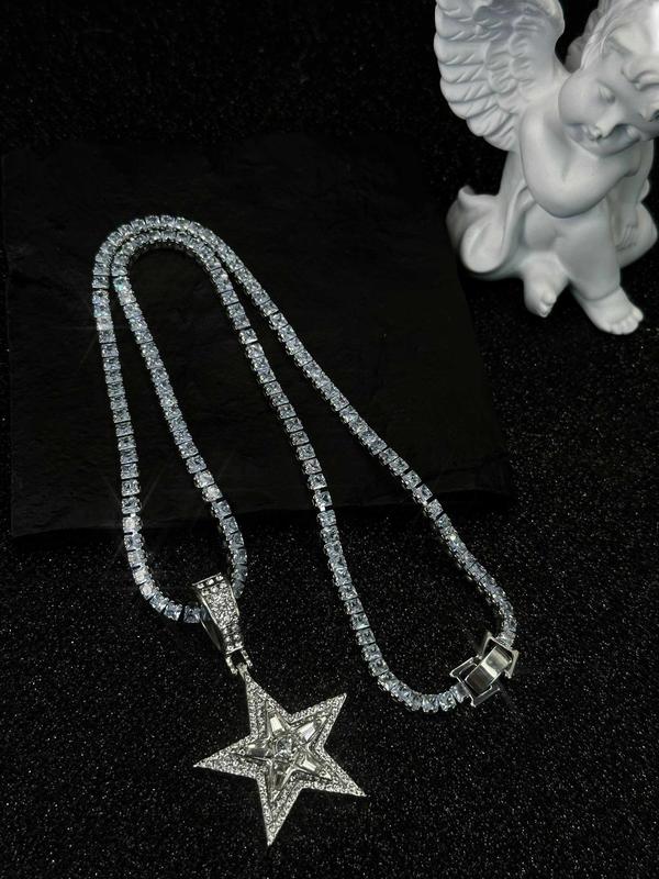 Rhinestone Star Design Pendant Necklace, Street Trendy Rotatable Necklace for Men & Women, Fashion Jewelry for Party, Daily Clothing Decor, Trendy All-match Jewelry for Gift