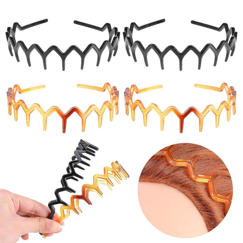 4  Zig Zag Headbands For Women Plastic Headband With  Wavy Comb Headband Plastic Sharks  Hair Comb Headband Hair Accessories For Women Men Girls Washing FaceBlack,Brown