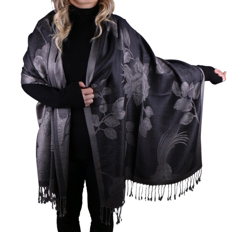 Women Soft Silky Reversible Floral Rose Pashmina Shawl Wrap Scarf w Fringes