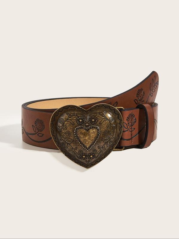 Women's Vintage Heart Decor PU Buckle Belt, Fashion Belt for Party, Daily Clothing Decor, Trendy All-match & Exquisite Belt for Birthday Gift