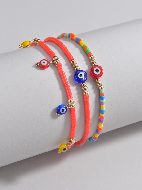 Women's Cute 2024 New Style Beaded & Eye Design Anklet, Boho Style Multilayer Foot Jewelry for Beach Party Vacation, Fashion Accessories for Women & Girls