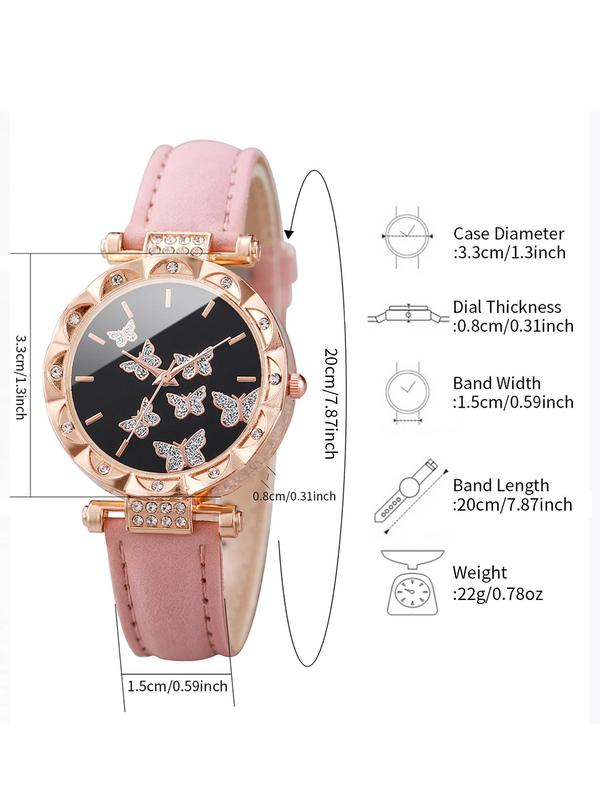 Women's Rhinestone Watch & Jewelry Set, Including Quartz Watch, Butterfly Necklace, Faux Pearl Decor Bracelet, Ring, and Earrings, Exquisite Elegant Watch