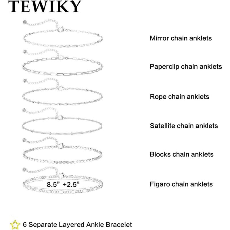 TEWIKY Waterproof Ankle Bracelets for Women Thiny Herringbone Box Paperclip Bead Figaro Cuban Link Anklet Set Dainty Jewelry for Women