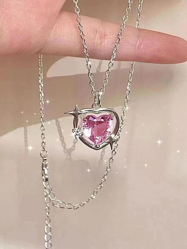 Women's Elegant Rhinestone Decor Star Detail Pendant Necklace, Fashionable All-match Heart Shape Design Necklace for Party, Daily Clothing Decor for Girl