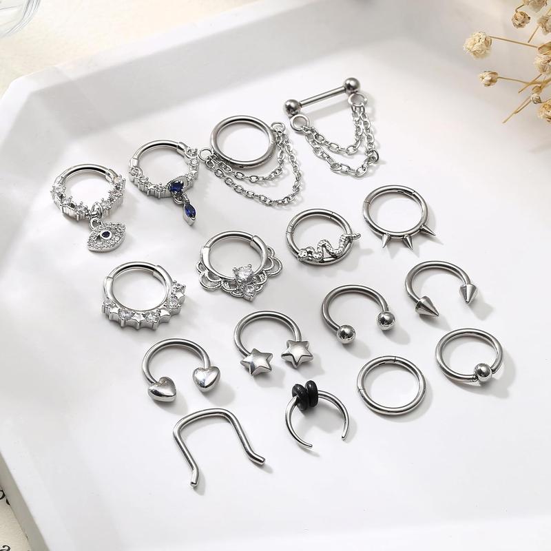 Fansilver 16 count 16G Septum Rings for Women Men Septum Jewelry Horseshoe Clicker Dangle Nose Rings Hoops Surgical Steel Helix Cartilage Hoop Earrings Tragus Daith Septum Nose Piercing Jewelry 8MM