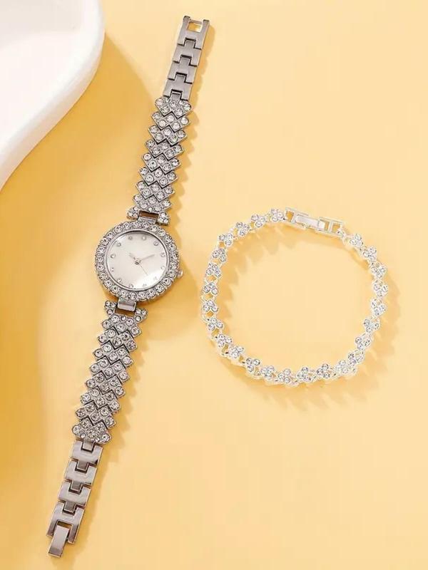 Women's Elegant Rhinestone Decorated Watch & Bracelet, Exquisite Trendy Wristwatch & Bracelet, Fashionable Watch Set As Gift for Women