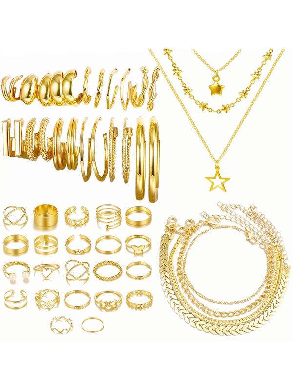 Women's Vintage Elegant Jewelry Set, Including Star Pendant Necklace & Hoop Earrings & Rings & Chain Bracelets, Chic Jewelry Set As Gift for Girlfriend