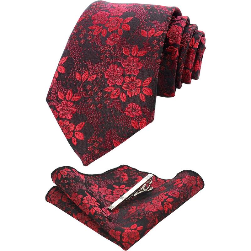 Floral Necktie and Pocket Square Tie Clip Sets for Men