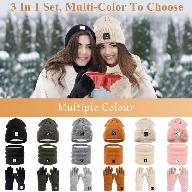 Winter Smiley  Beanie Hat Scarf Gloves Set Women Men,Cute Hats Fashionable Warm  Warmer Touchscreen Gloves Sets