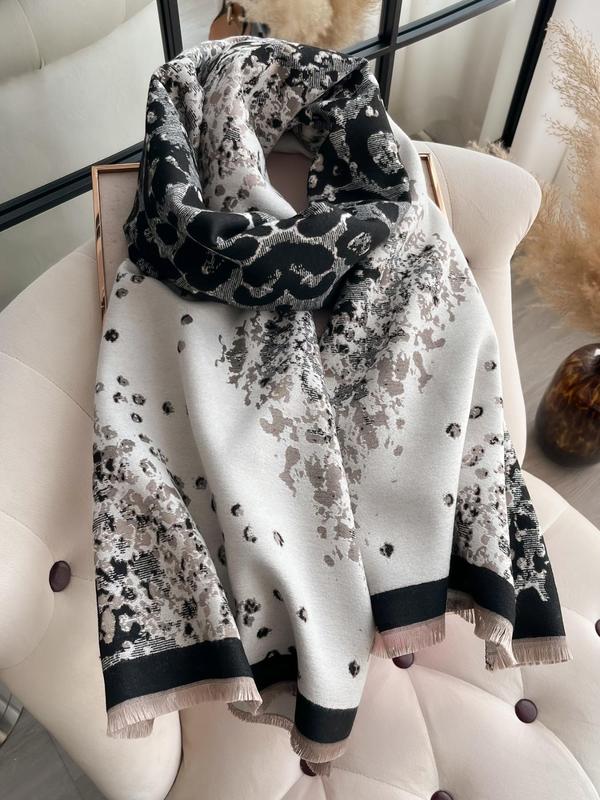 Women's Leopard Print Fringe Trim Shawl, Casual Soft Warm Long Scarf for Fall & Winter, Fashion Clothes Accessories for Women & Girls