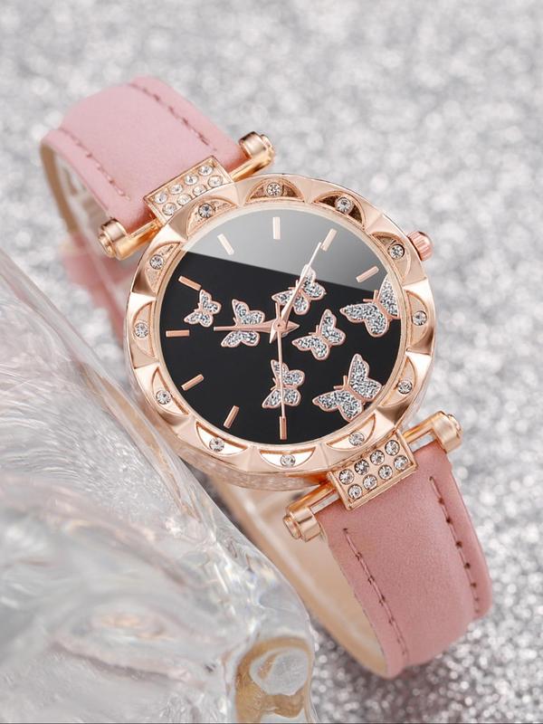 Women's Rhinestone Watch & Jewelry Set, Including Quartz Watch, Butterfly Necklace, Faux Pearl Decor Bracelet, Ring, and Earrings, Exquisite Elegant Watch