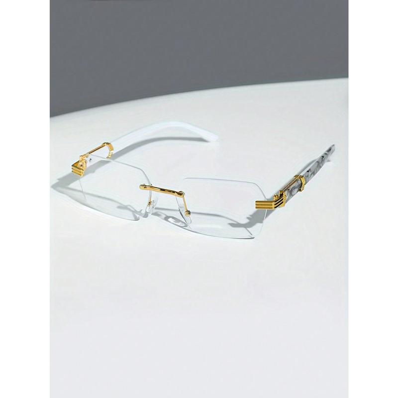 Modern Frameless Clear Lens Glasses - Gold Tones And Marble Patterned Temples - Fashionable Unisex Eyewear For Daily Use Or Computer