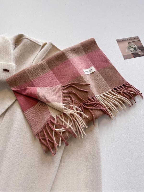 Fashionable Plaid Pattern Tassel Decor Scarf, Casual Soft Warm Shawl for Fall & Winter, Fashion Accessories for Women & Men