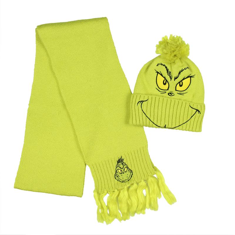 Dr. Seuss The Grinch Embroidered Design Adult Knit Scarf and Pom Cuffed Beanie Set