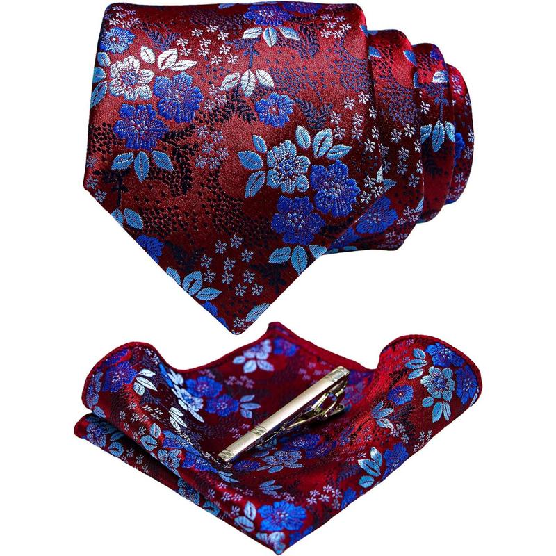 Floral Necktie and Pocket Square Tie Clip Sets for Men