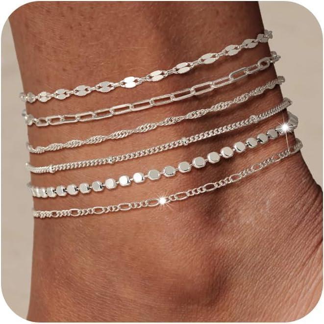 TEWIKY Waterproof Ankle Bracelets for Women Thiny Herringbone Box Paperclip Bead Figaro Cuban Link Anklet Set Dainty Jewelry for Women