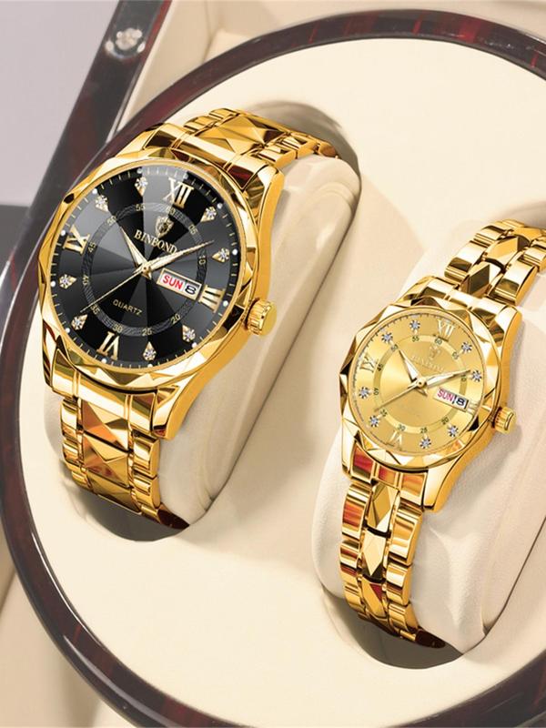 Couple Watch, Fashion Waterproof Round Dial Analog Quartz Watch with Date & Week Display Function, Trendy Watch for Women & Men As Gift with Box