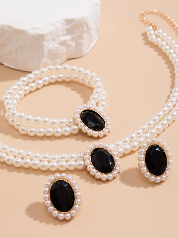 Women's Elegant Faux Pearl Decor Jewelry Set, 4pcs set Exquisite Trendy Beaded Bracelet & Syud Earrings & Layered Necklace, Chic Jewelry Set As Gift