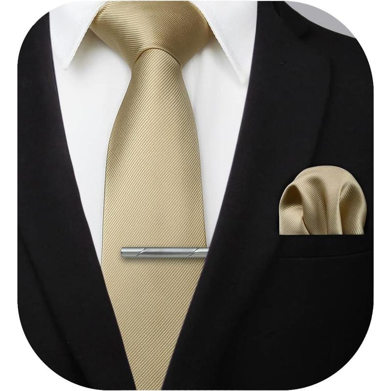 Mens Ties Solid Color Wedding Ties and Pocket Square Neckties Clip Sets Business Formal Satin Ties for Men