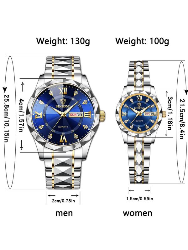 Couple Watch, Fashion Waterproof Round Dial Analog Quartz Watch with Date & Week Display Function, Trendy Watch for Women & Men As Gift with Box