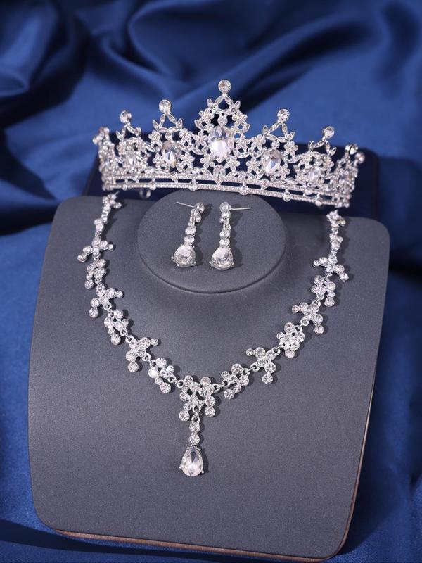 4pcs set Rhinestone Design Jewelry Set, Including Stud Earrings & Crown & Pendant Necklace for Proposal, Bridal Headwear, 2024 New Trendy Wedding Engagement Clothing Decor, Matching Luxury Fashion Accessories for Party, Banquet