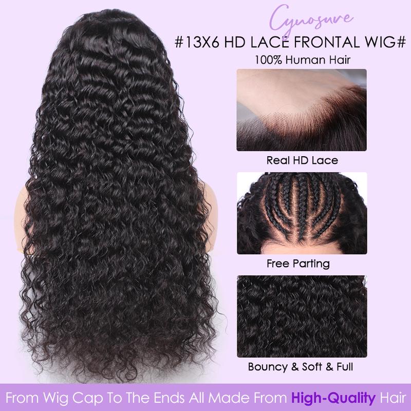 Cynosure Hair 13X6 HD Transparent Lace Front Human Hair Wigs 220% Density Brazilian Deep Wave Lace Frontal Human Hair Wig For Women 18-30 inch Pre Plucked with Baby Hair